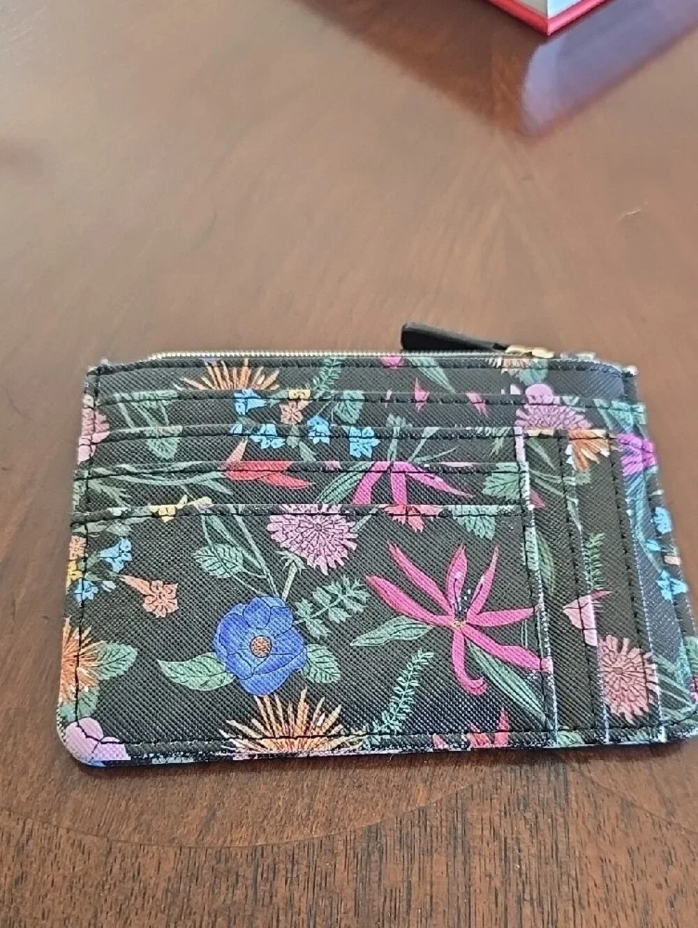 Floral ID Card Holder with Zip Pocket - Black Multicolor